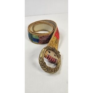 Boho Woven Patchwork‎ Belt M Medium Oval Floral Buckle Multicolor